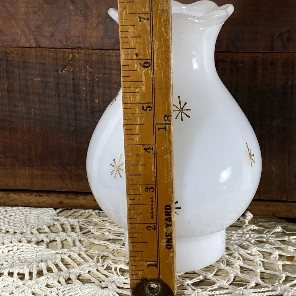 VTG MCM Atomic Gold Starburst Milk Glass Hurricane Lamp Shade Scalloped Top Mint